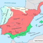 Hispania ca 560, con la provincia bizantina de Spania en verde